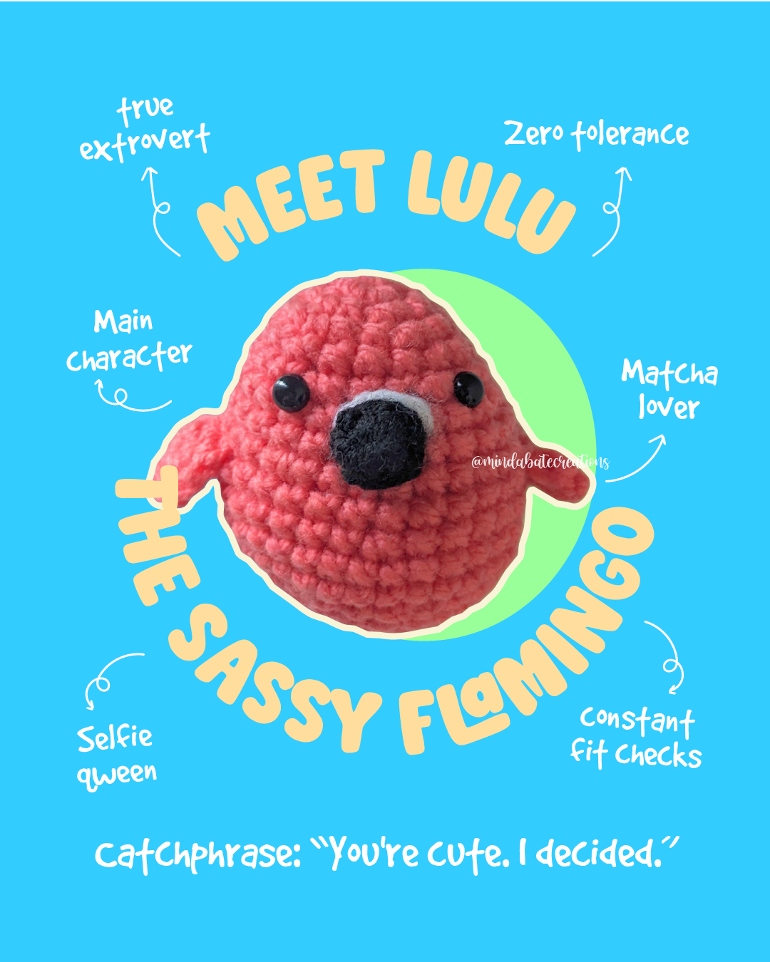 Lulu the Sassy Flamingo beginner crochet kit with pink yarn, crochet tools, stuffing and accessories